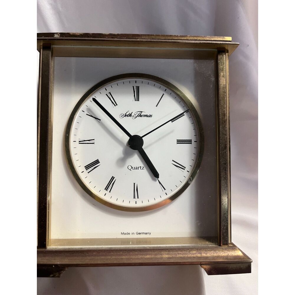 Vintage Seth Thomas WORKING Made in Germandy Clock Brass & Glass Desk Mantel Se